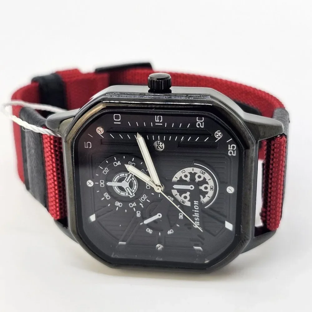 Men's Minimalist Watch 42MM Black Dial Date Indicator Black Red Canvas Bands‎